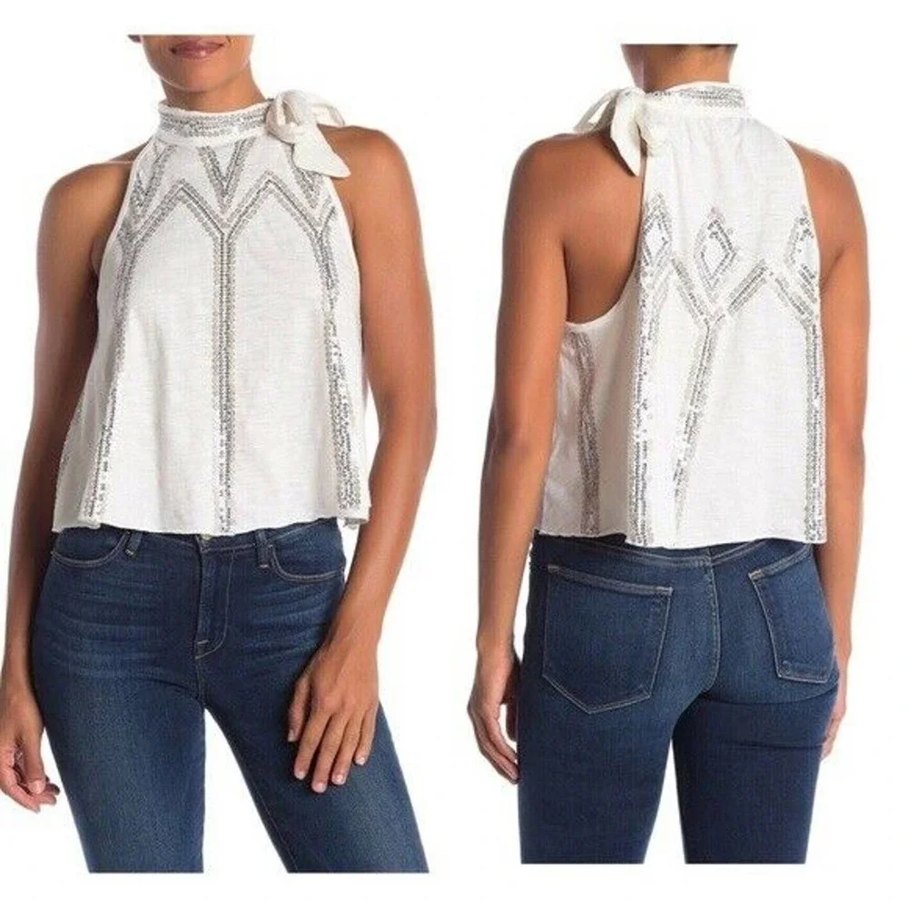 Free People | Glitter City Tank Womens Size XS White Crop Top Neck Tie